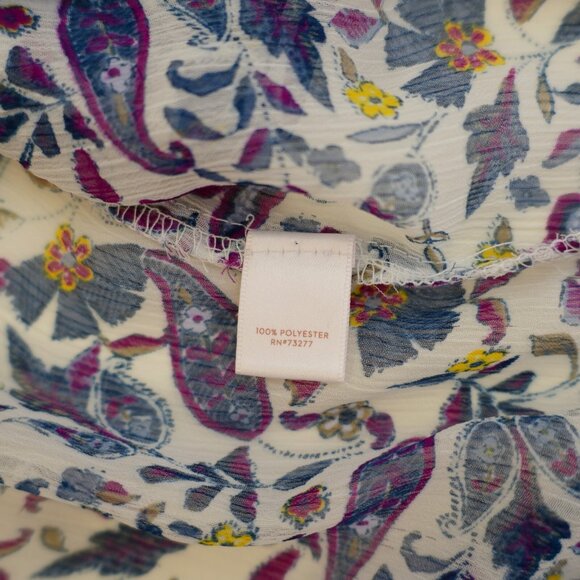 LC Lauren Conrad White Purple Blue Floral Sheer Scoop Neck Blouse Capped Large L - Picture 11 of 12
